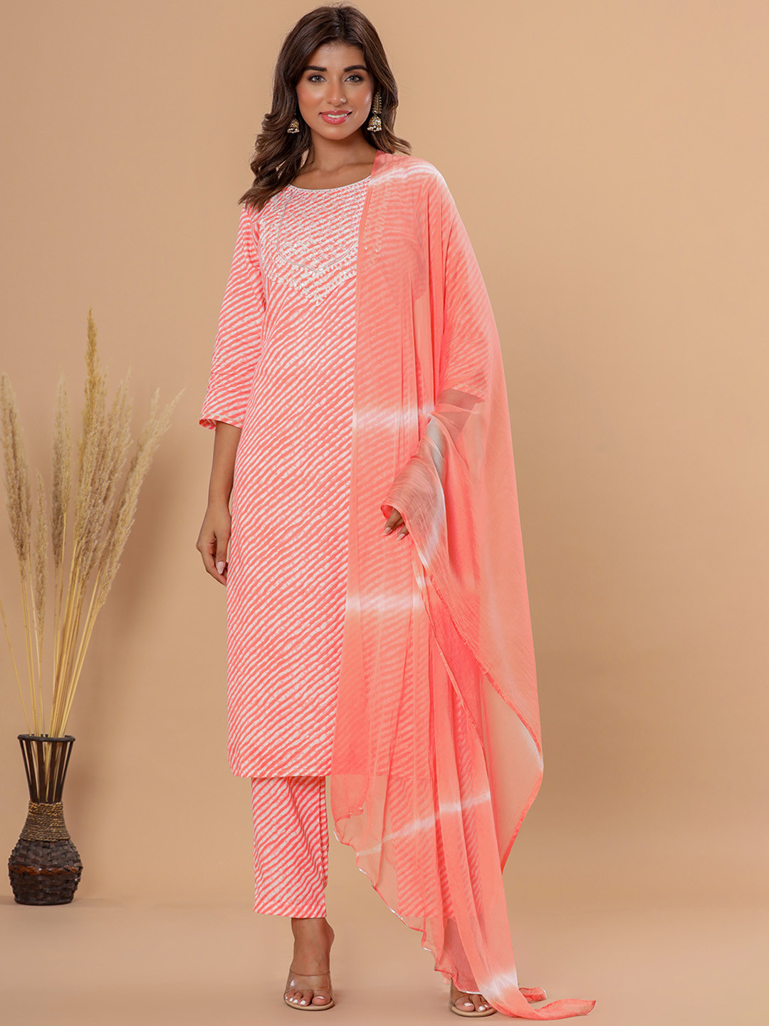 

KALINI Leheriya Printed Regular Thread Work Pure Cotton Kurta With Trousers & Dupatta, Pink