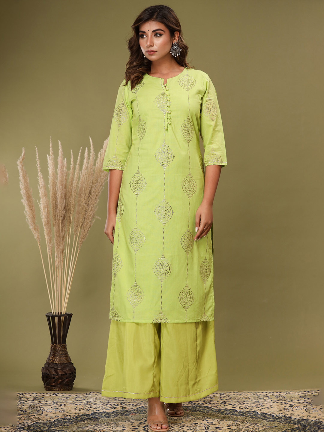 

KALINI Bandhani Yoke Design Regular Pure Cotton Straight Kurta With Sharara & Dupatta, Green