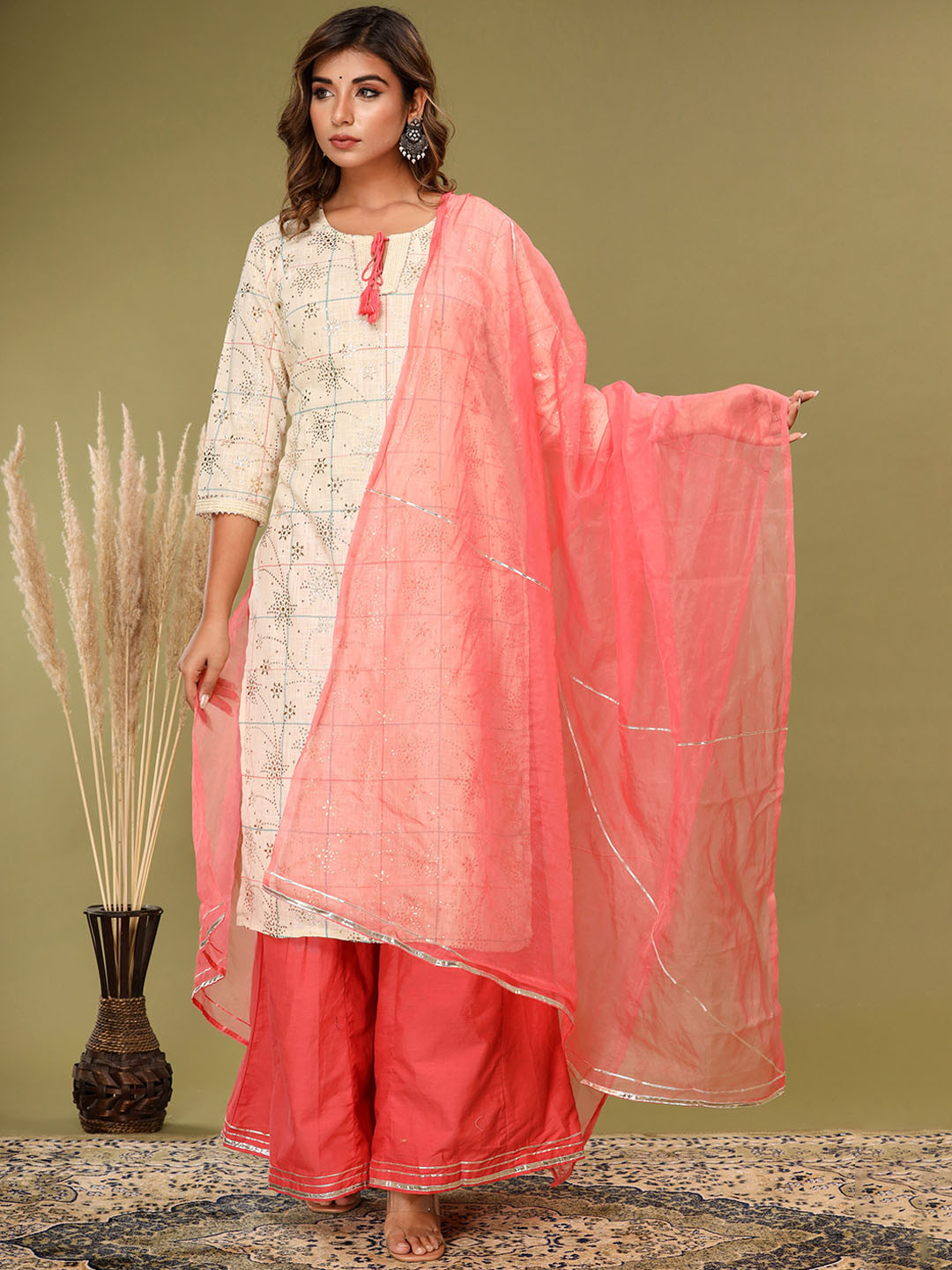 

KALINI Floral Embellished Gotta Patti Pure Cotton Straight Kurta With Sharara & Dupatta, Off white