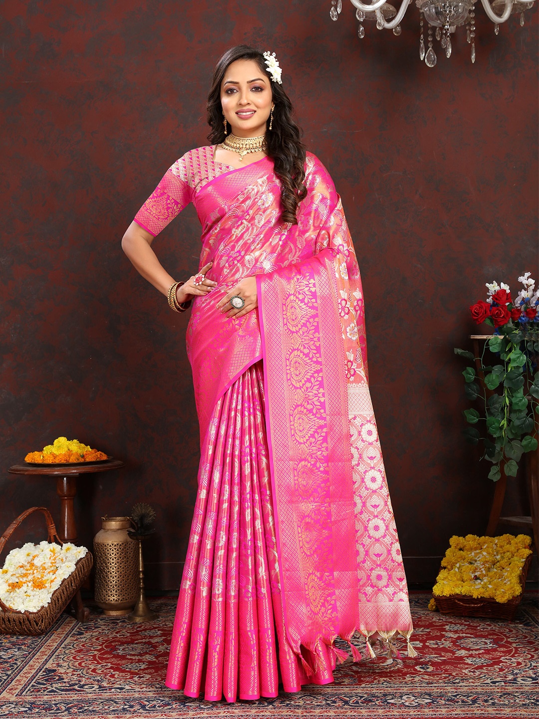 

ZIBLON Ethnic Motifs Woven Design Zari Pure Silk Kanjeevaram Saree, Pink
