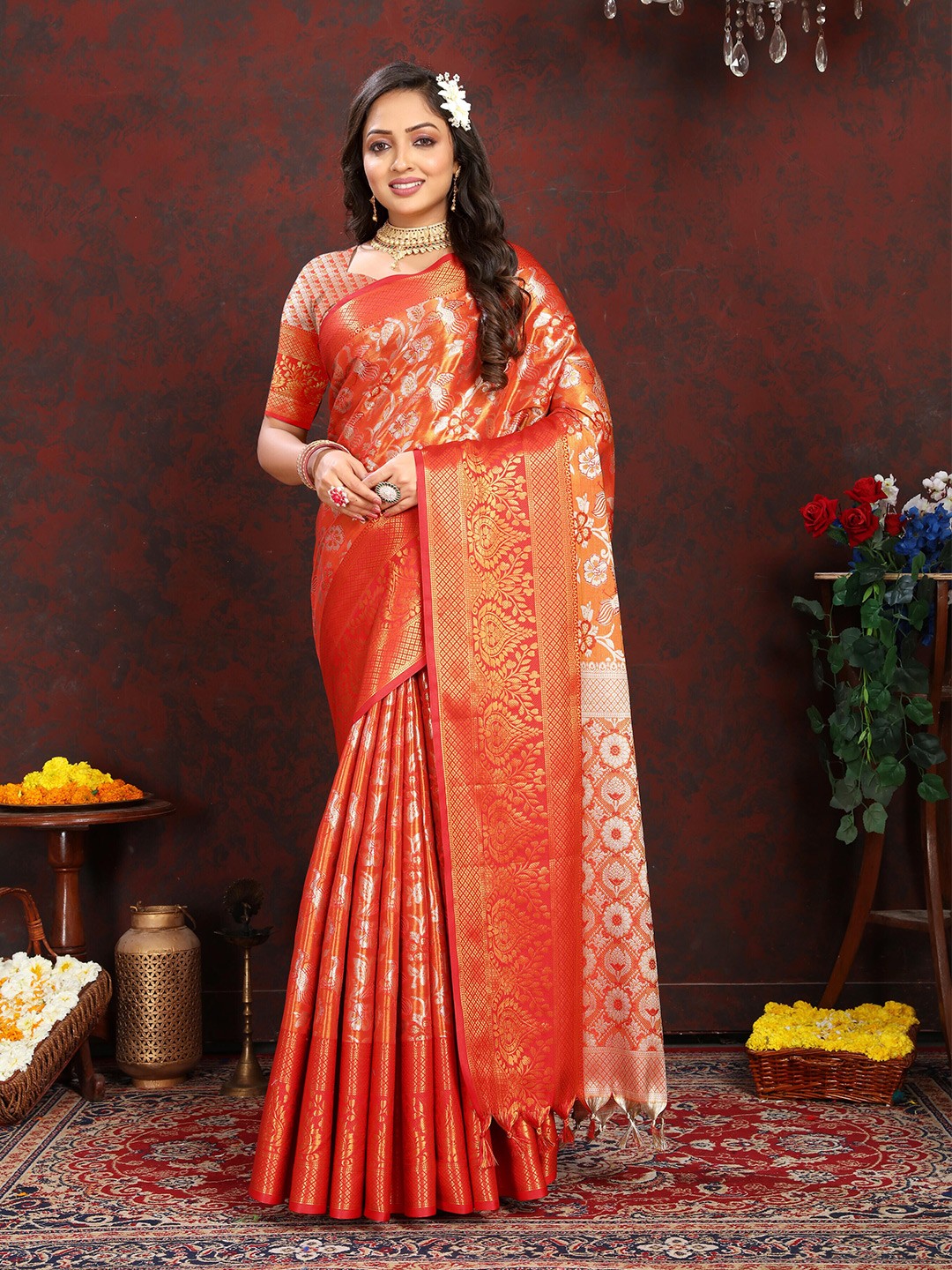 

ZIBLON Ethnic Motifs Woven Design Zari Pure Silk Kanjeevaram Saree, Orange
