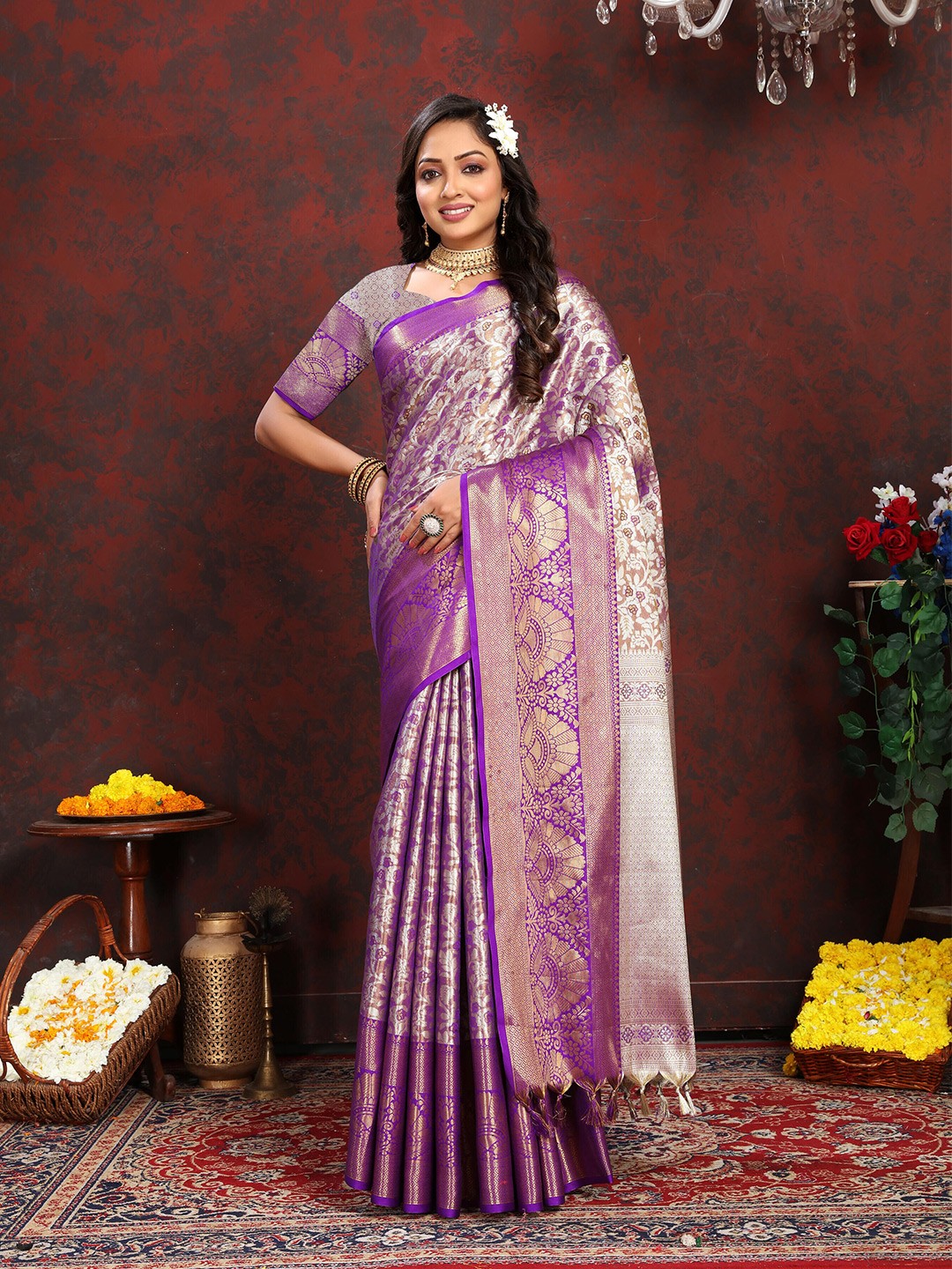 

ZIBLON Ethnic Motifs Woven Design Zari Pure Silk Kanjeevaram Saree, Purple