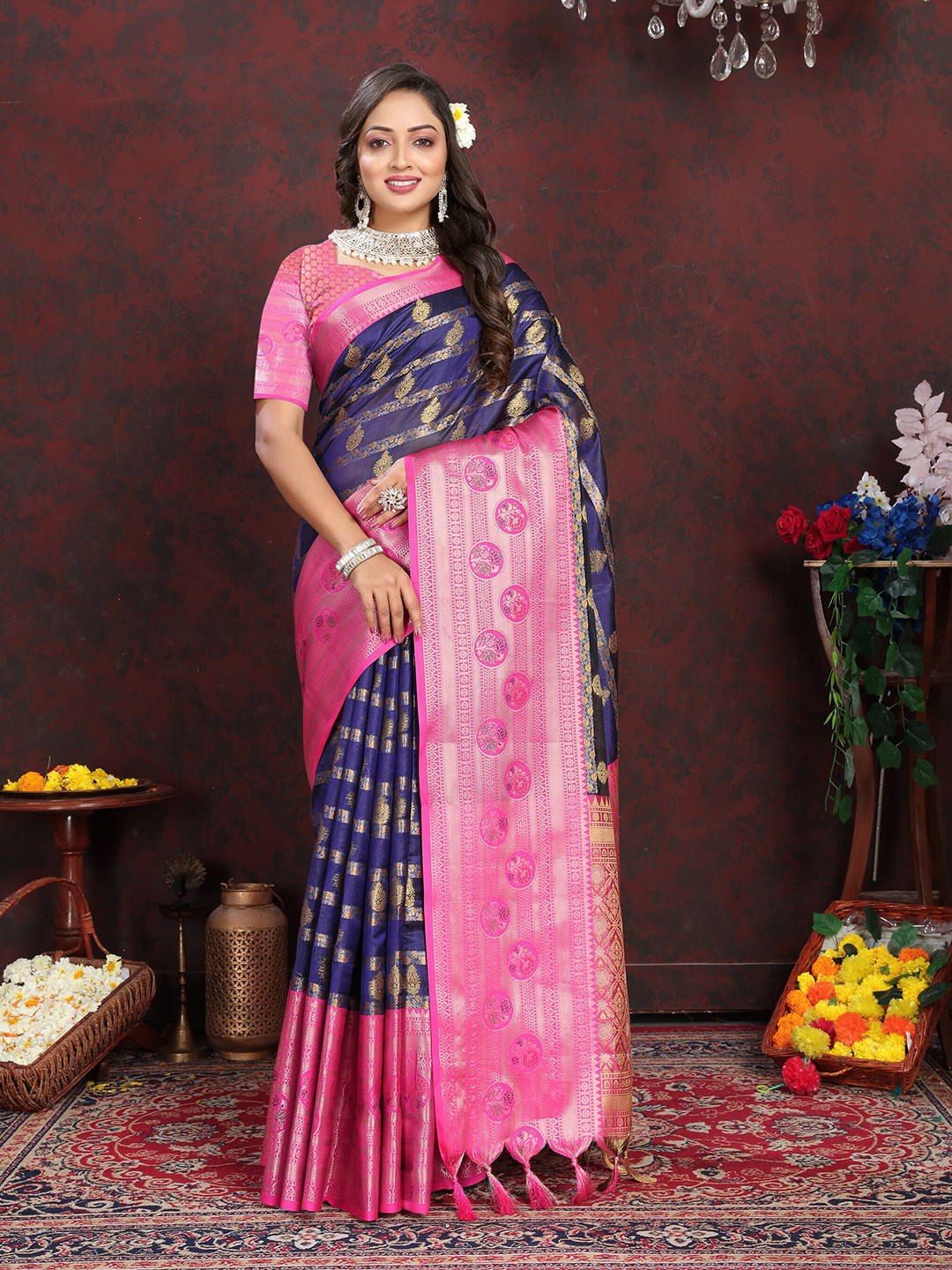 

ZIBLON Ethnic Motifs Woven Design Zari Pure Silk Kanjeevaram Saree, Blue