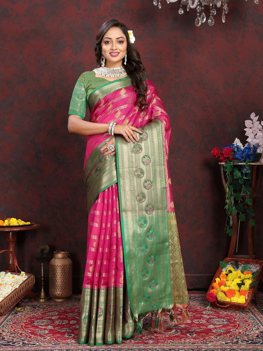 

ZIBLON Ethnic Motifs Woven Design Zari Pure Silk Kanjeevaram Saree, Pink