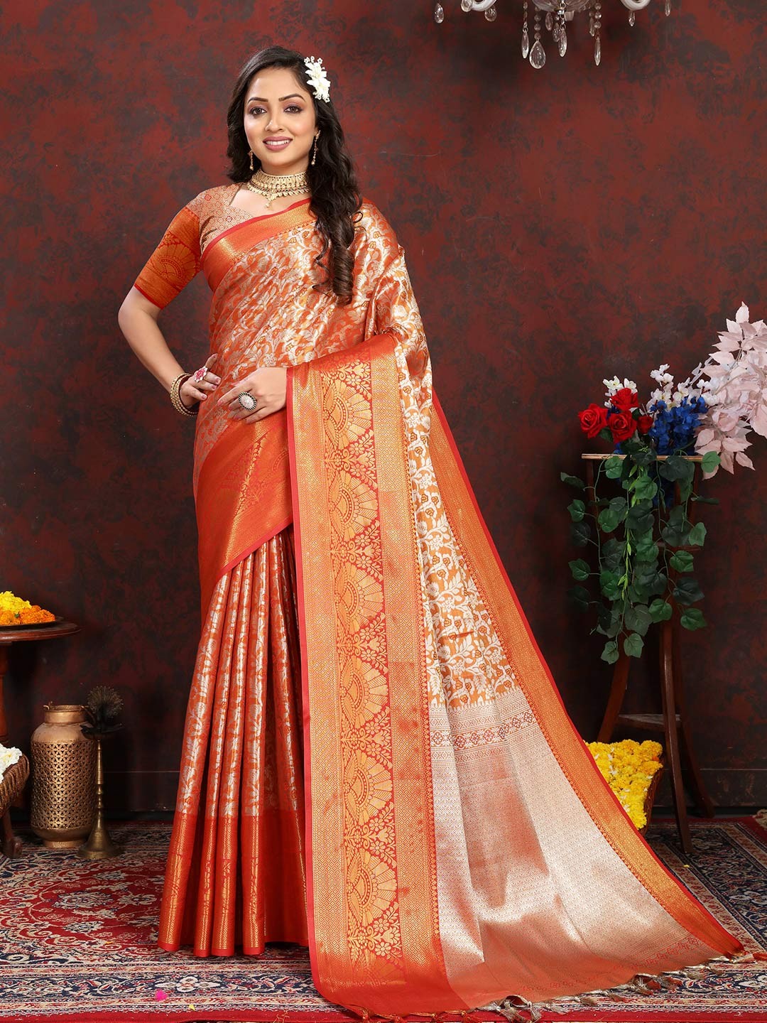

ZIBLON Ethnic Motifs Woven Design Zari Pure Silk Kanjeevaram Saree, Orange