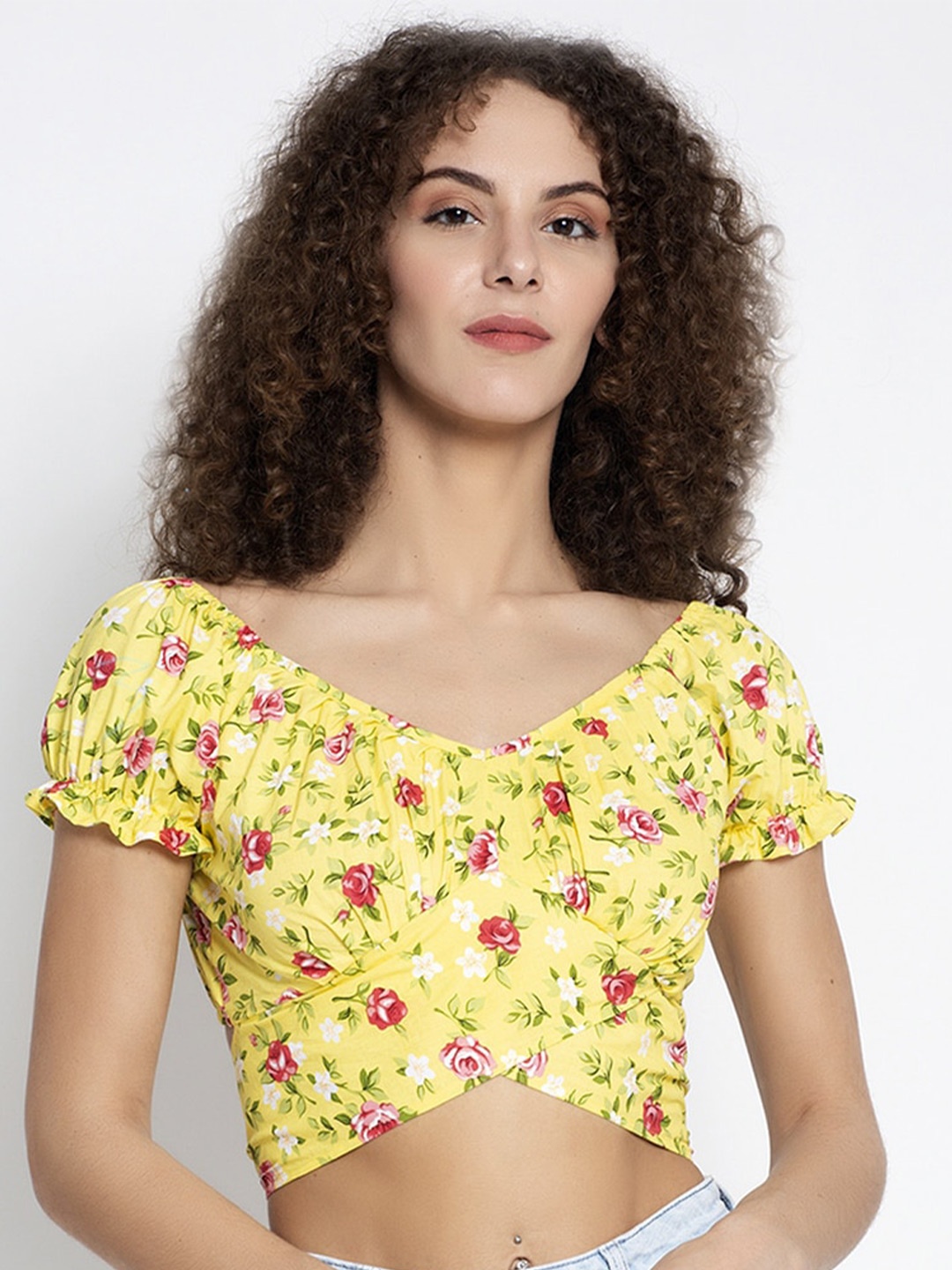 

BAESD Floral Print Cotton Crop Top, Yellow