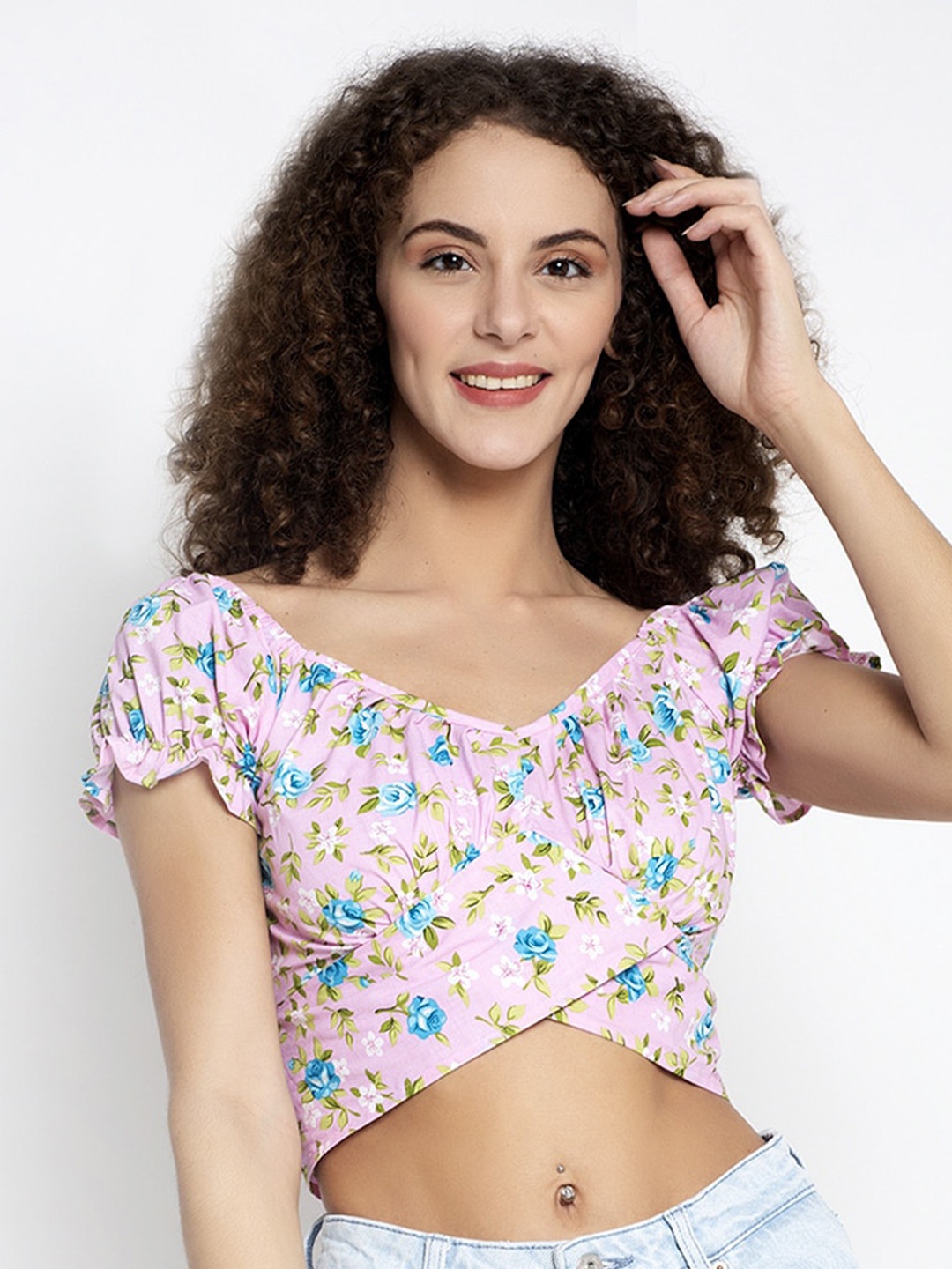 

BAESD Floral Print Cotton High-Low Crop Top, Pink