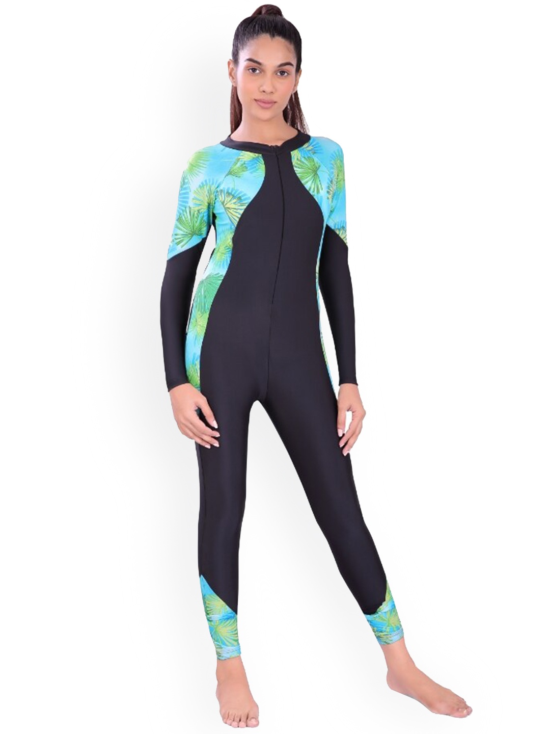 

Fiesta Clara Tropical Printed Round Neck Long Sleeves Legsuit, Black
