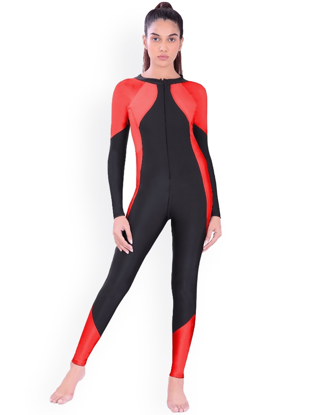 

Fiesta Clara Colorblocked Round Neck Long Sleeves Legsuit, Black