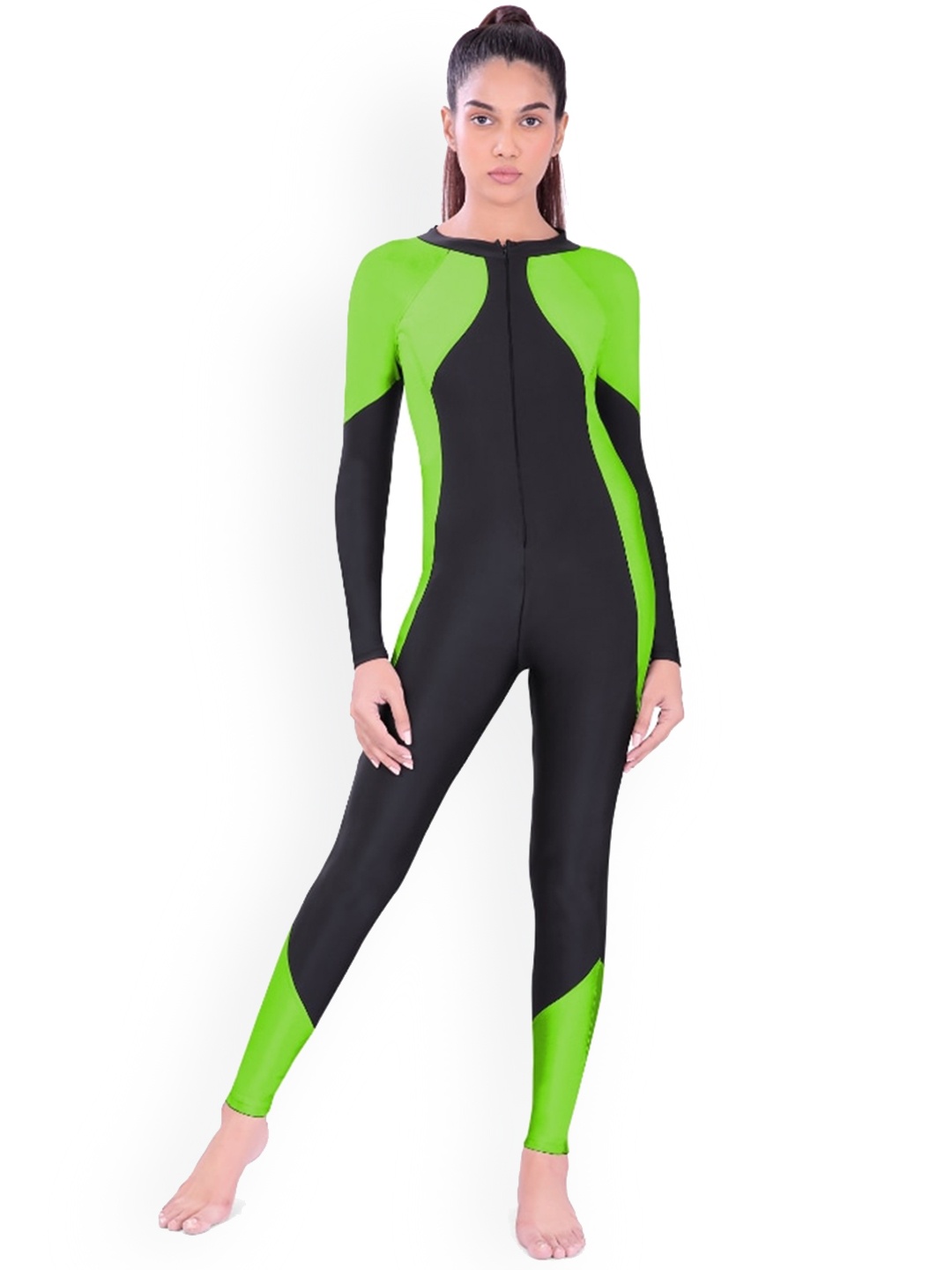 

Fiesta Clara Colorblocked Round Neck Long Sleeves Legsuit, Black