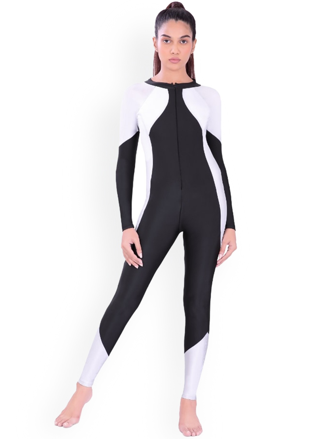 

Fiesta Clara Colorblocked Round Neck Long Sleeves Legsuit, White