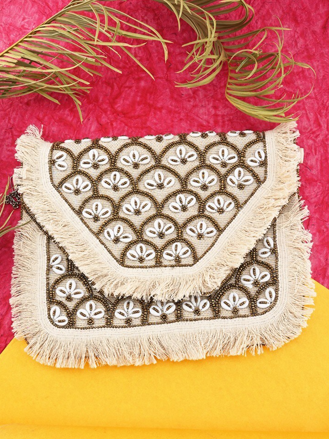 

Sangria Embellished Jute Fringed Envelope Clutch, Off white