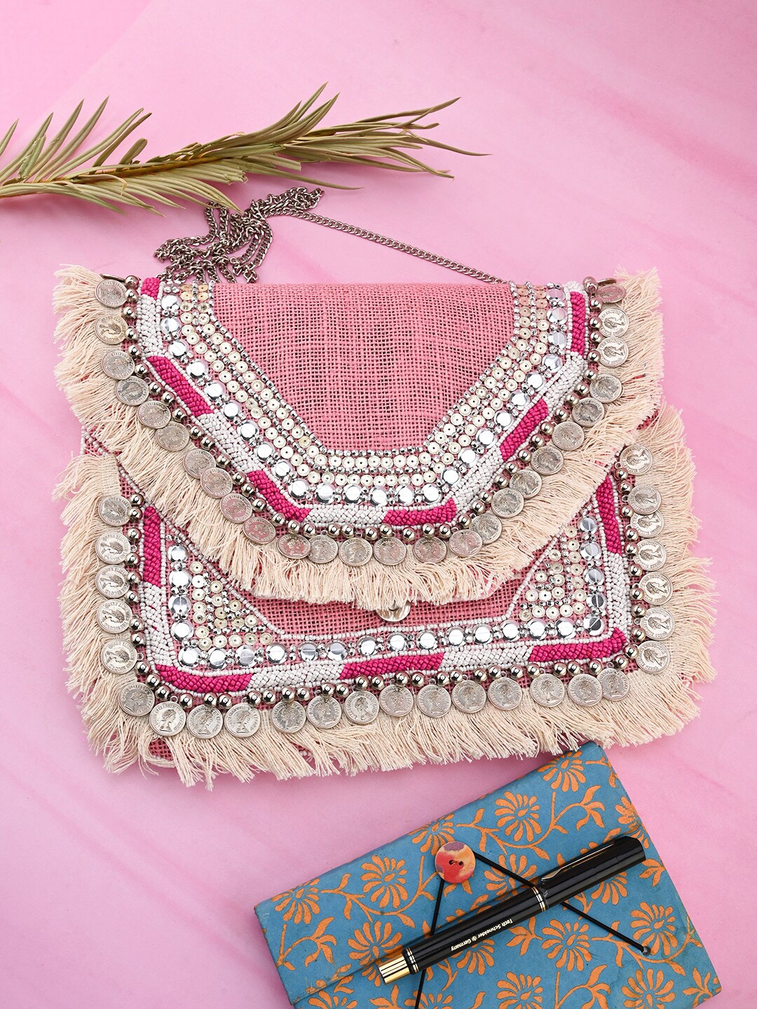 

Sangria Embellished Fringed Envelop Clutche, Pink
