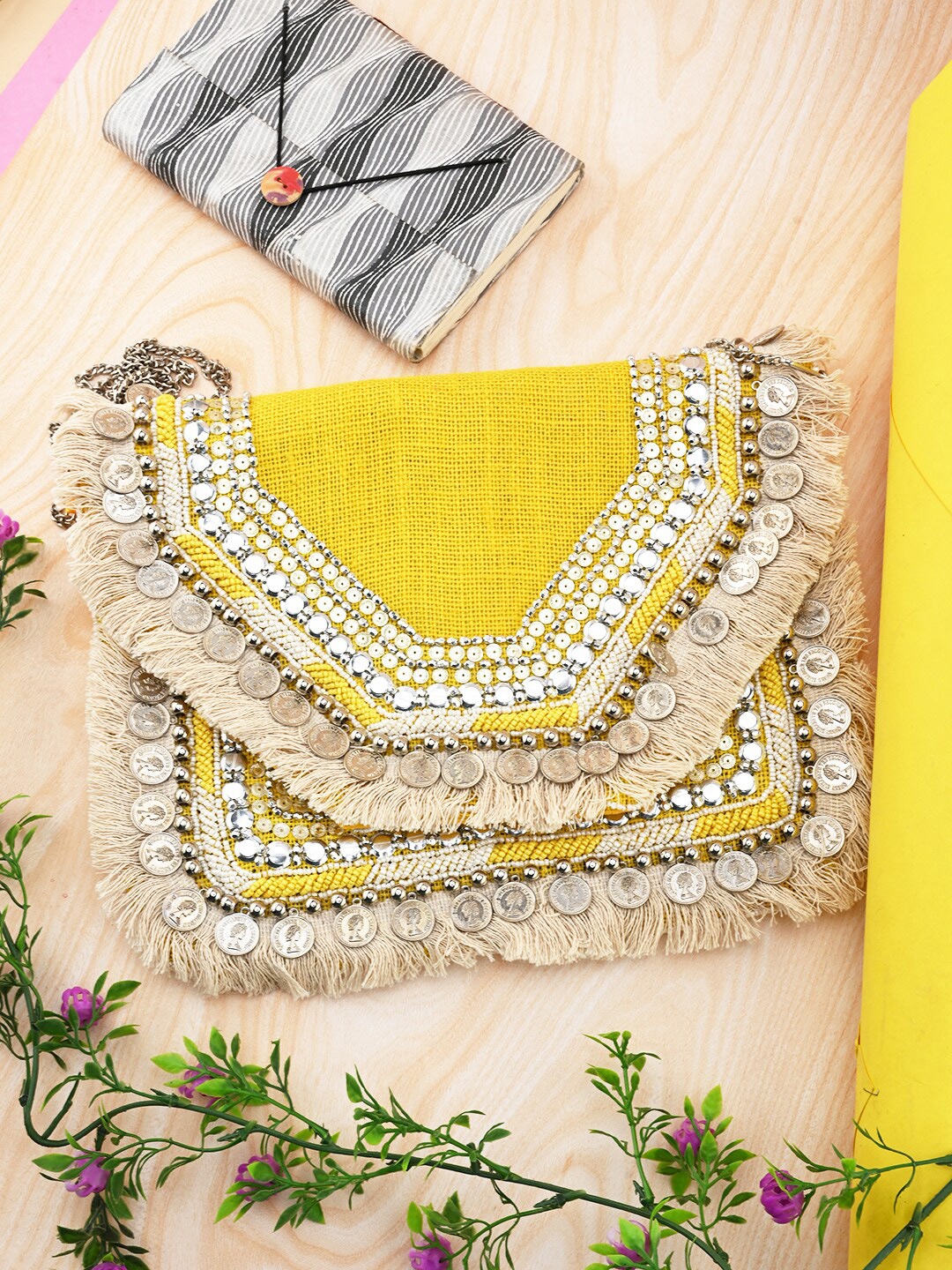 

Sangria Embellished Fringed Jute Envelope Clutches, Yellow