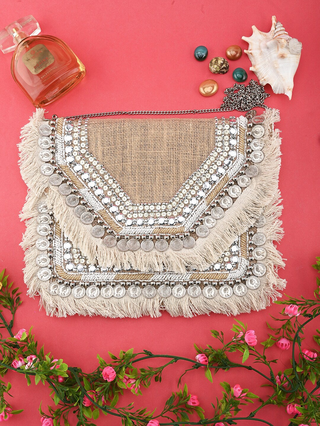 

Sangria Embellished Fringed Envelop Clutche, Off white