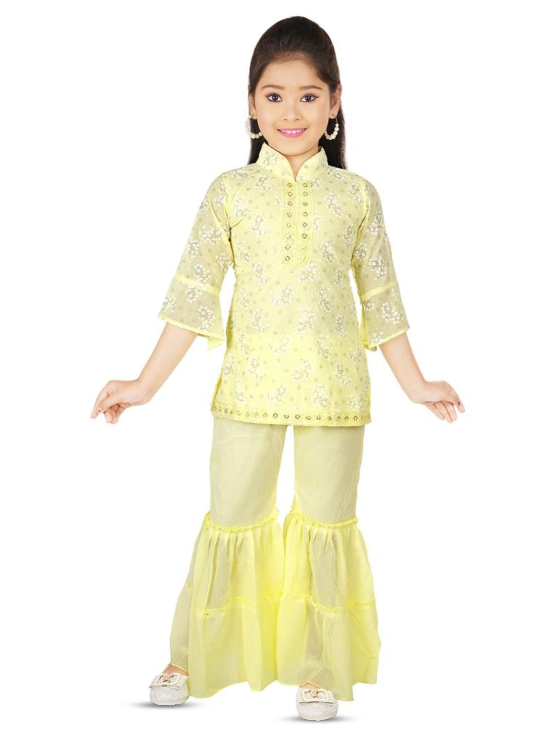 

BAESD Girls Floral Printed Mandarin Collar Kurta With Sharara, Yellow