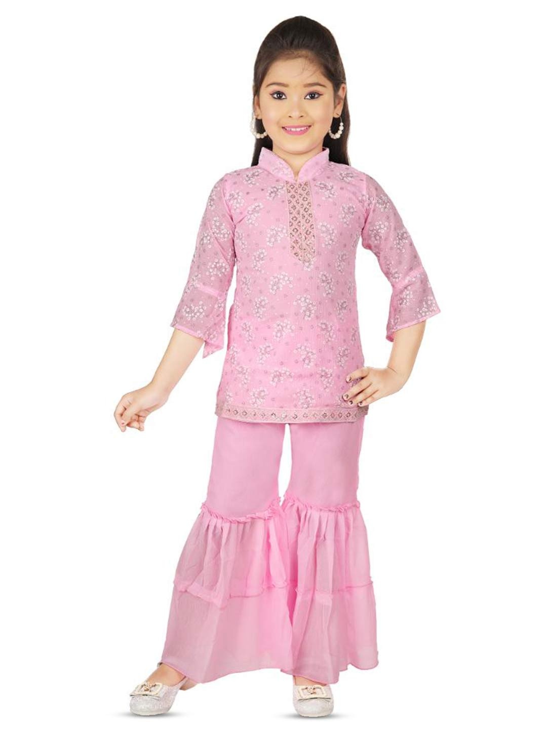 

BAESD Girls Floral Printed Mandarin Collar Kurta With Sharara, Pink