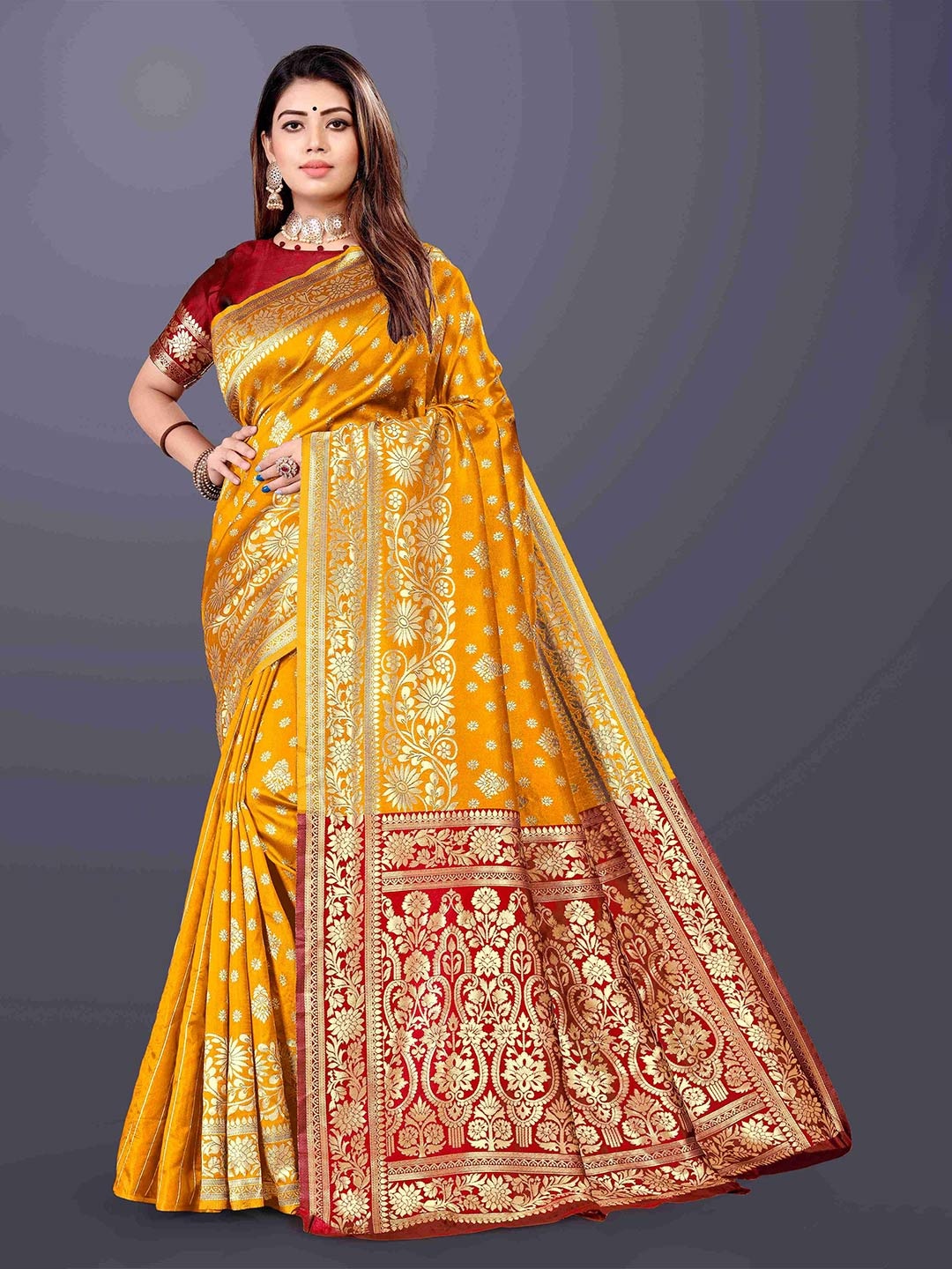 

BAESD Woven Design Floral Zari Banarasi Saree, Orange