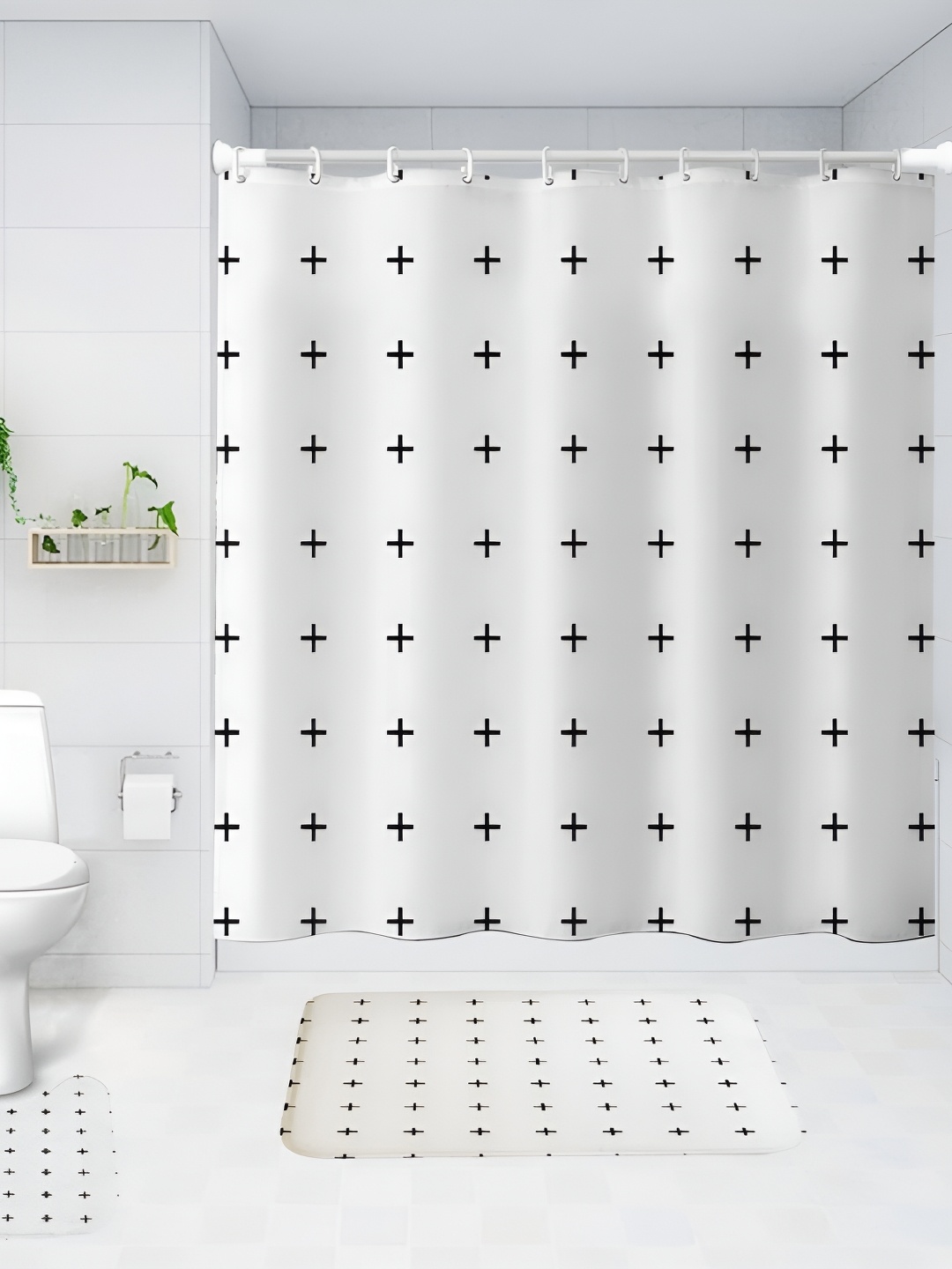

UMAI White & Black 3 Pieces Printed Shower Curtain & Bathmats