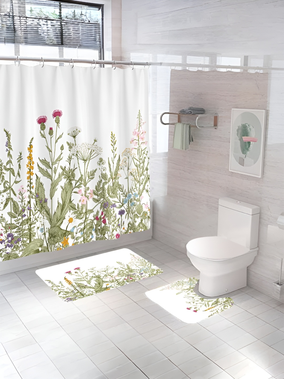 

UMAI White & Green 3 Pieces Printed Shower Curtain & Bathmats