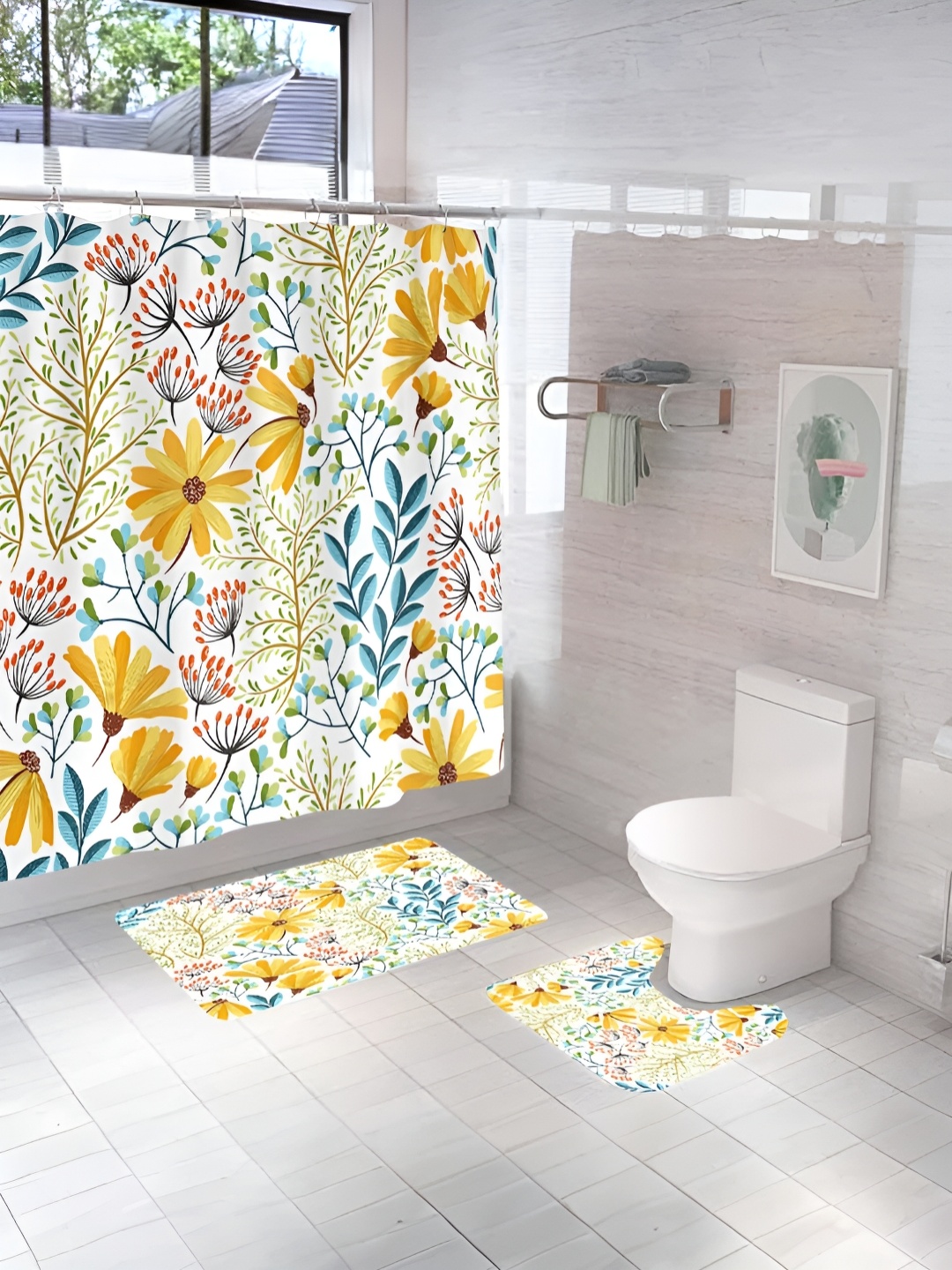 

UMAI White & Yellow 3 Pieces Printed Shower Curtain & Bathmats