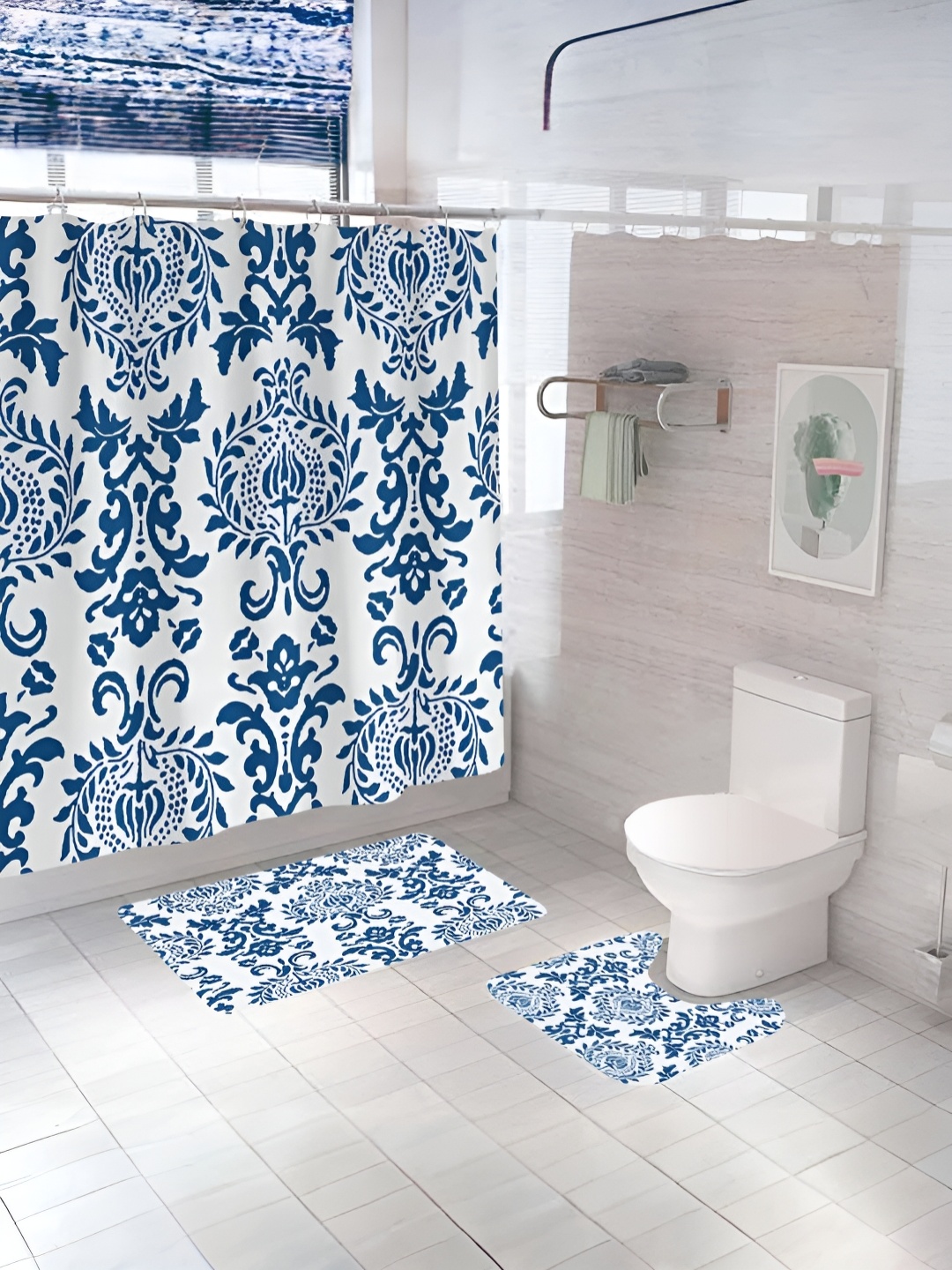 

UMAI White & Blue 3Pcs Printed Shower Curtain & Bathmat