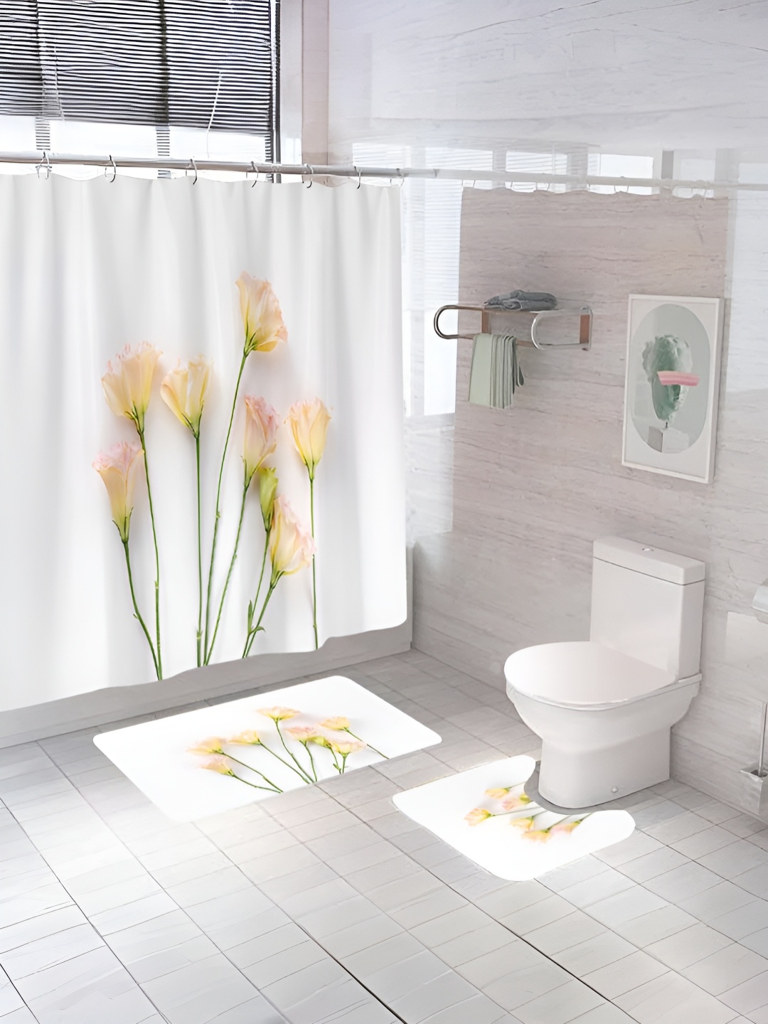 

UMAI White & Yellow 3 Pieces Printed Shower Curtain & Bathmats