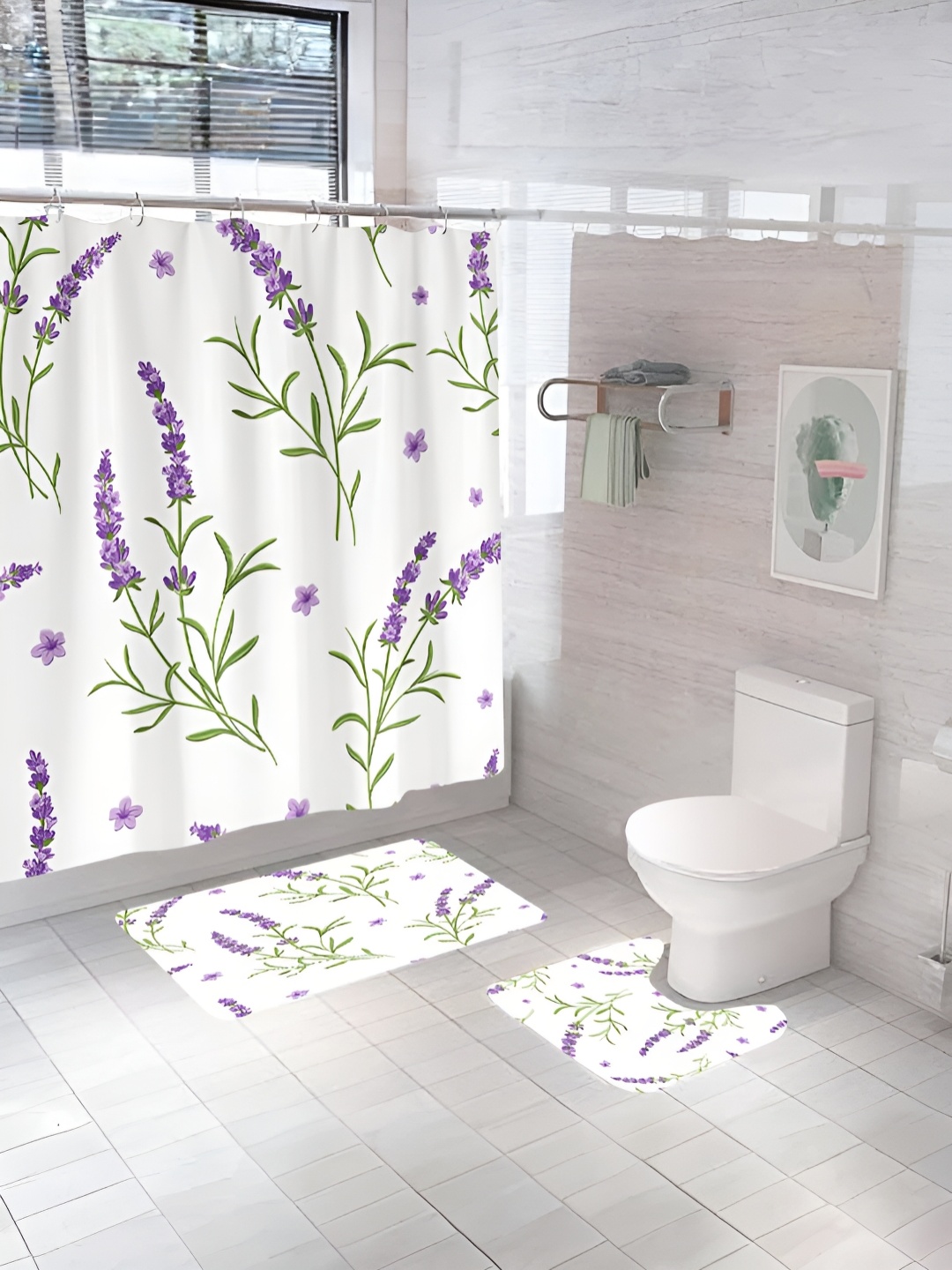 

UMAI White & Purple 3 Pieces Printed Shower Curtain & Bathmats