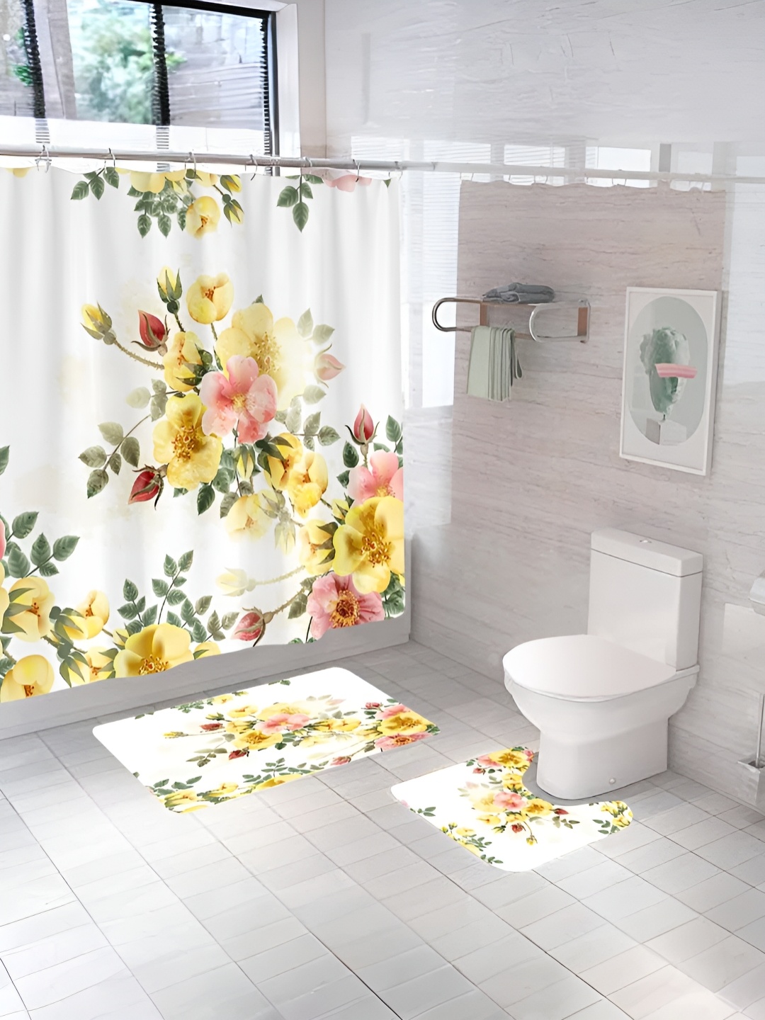 

UMAI White & Yellow 3 Pieces Printed Shower Curtain & Bathmats