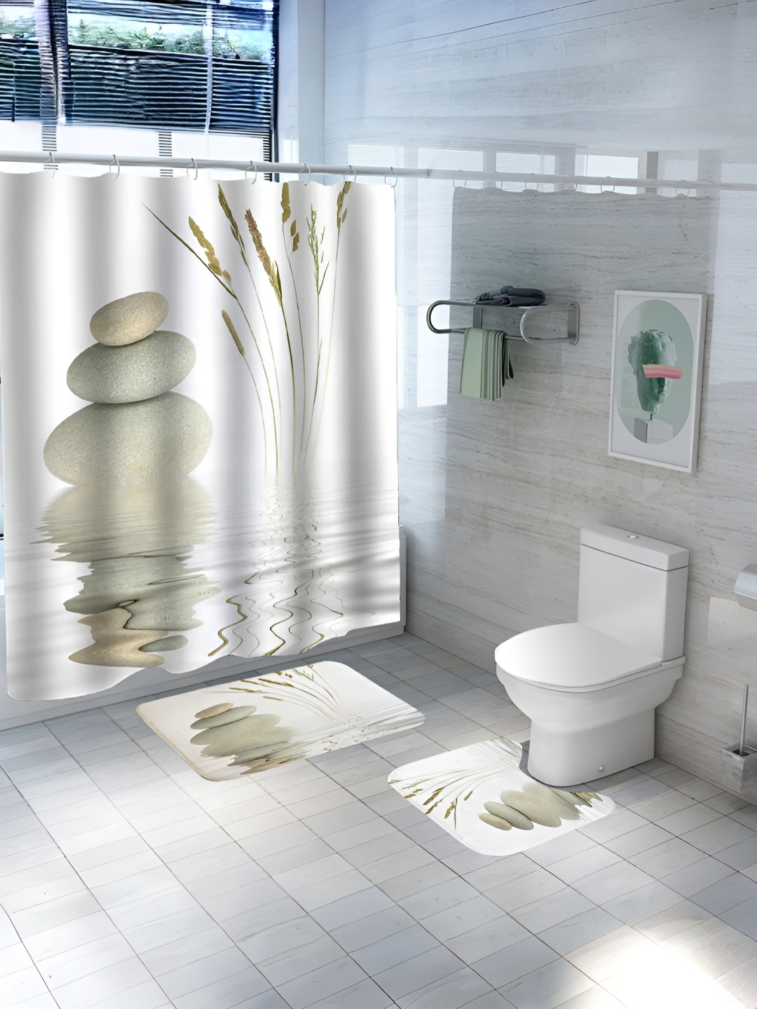 

UMAI White & Grey 3 Pieces Printed Shower Curtain & Bathmats