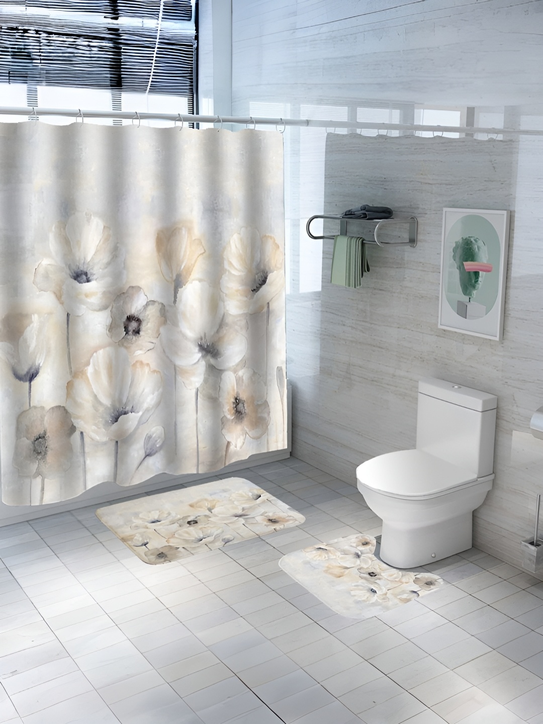 

UMAI Grey & Beige 3 Pieces Printed Shower Curtain & Bathmat Set