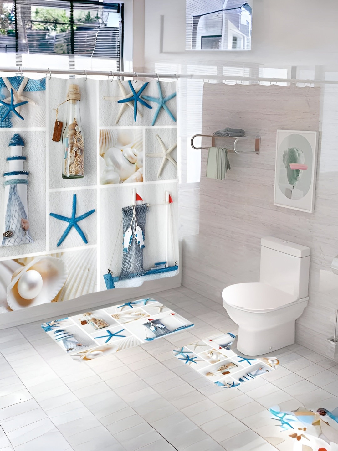 

UMAI White & Blue 3 Pieces Printed Shower Curtain & Bathmats