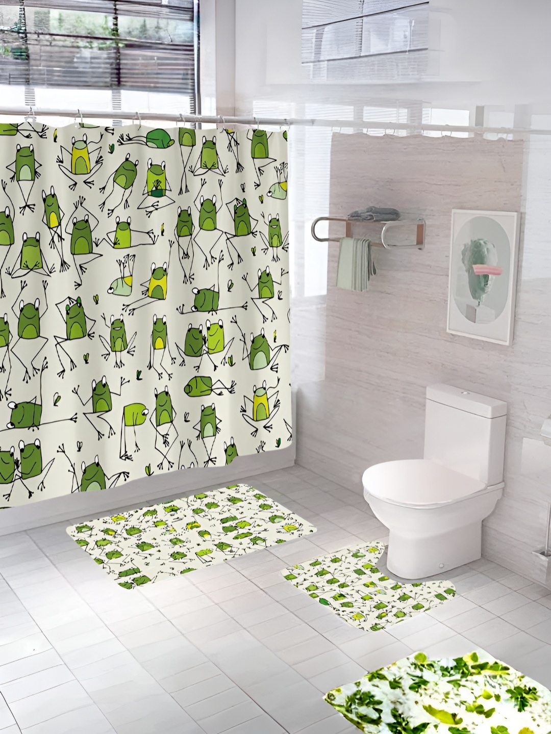 

UMAI Green & Beige 3 Pieces Printed Shower Curtain & Bathmats