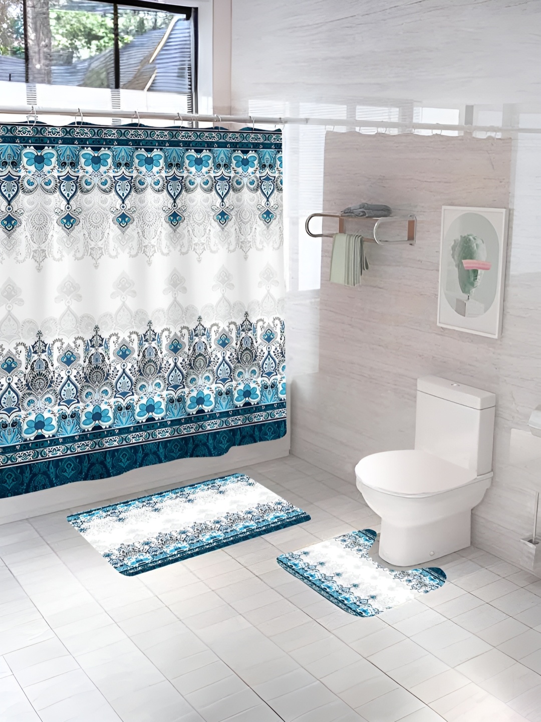 

UMAI White & Blue 3 Pieces Printed Shower Curtain & Bathmats