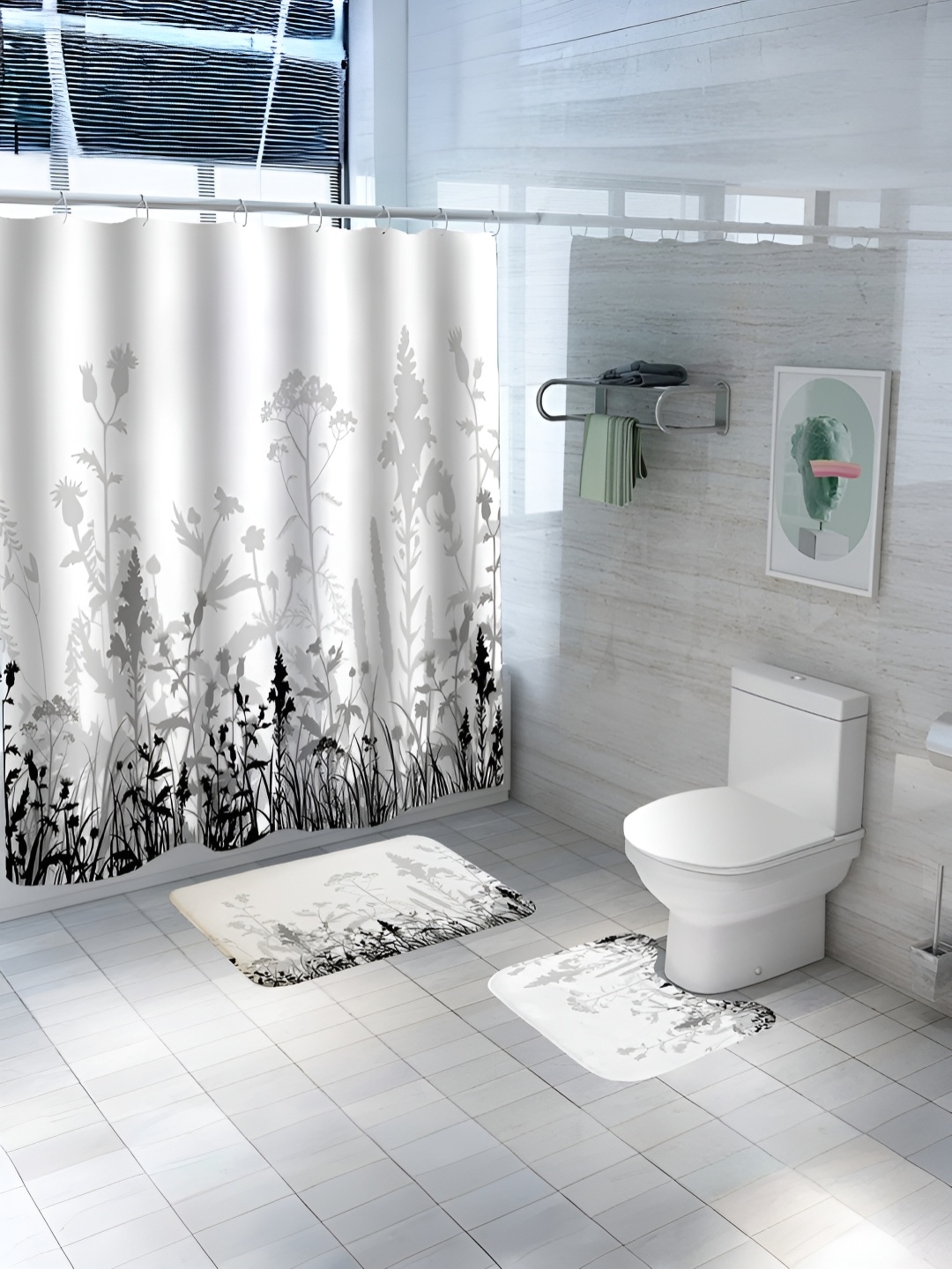 

UMAI White & Black 3Pcs Printed Shower Curtain & Bathmat Set