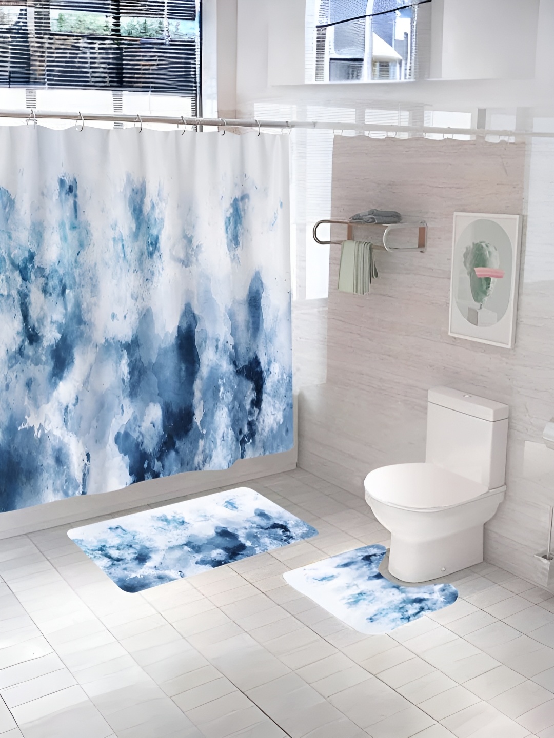 

UMAI Blue & White 3 Pieces Printed Shower Curtain & Bathmat Set