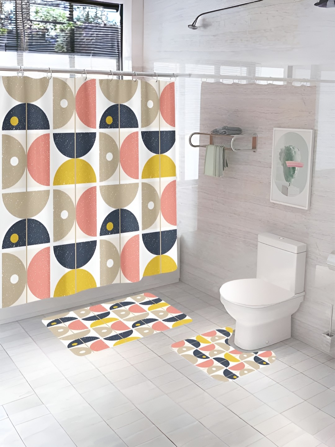 

UMAI White & Blue 3 Pieces Printed Shower Curtain & Bathmats