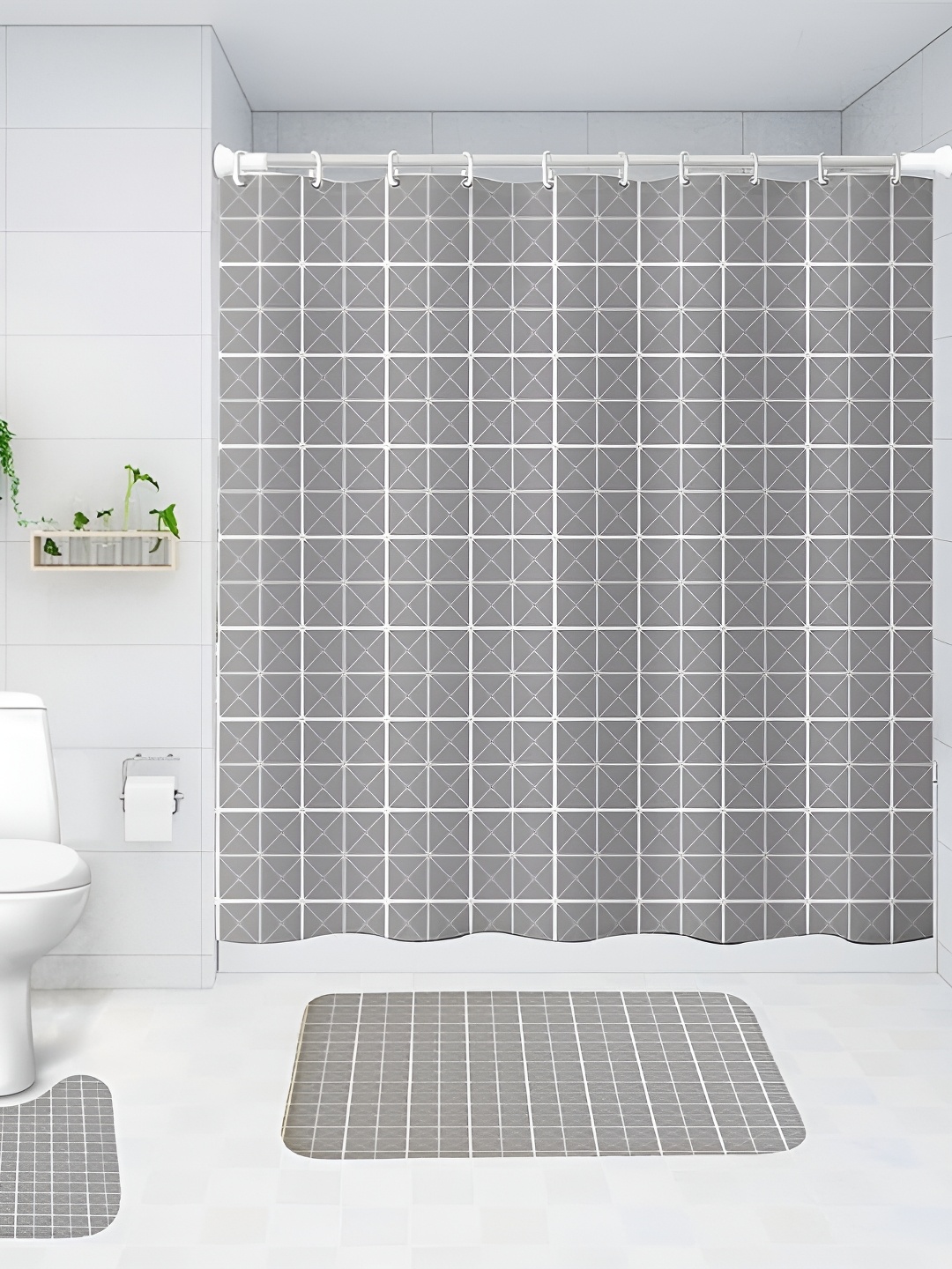 

UMAI Grey & White 3 Pieces Printed Shower Curtain & Bathmats