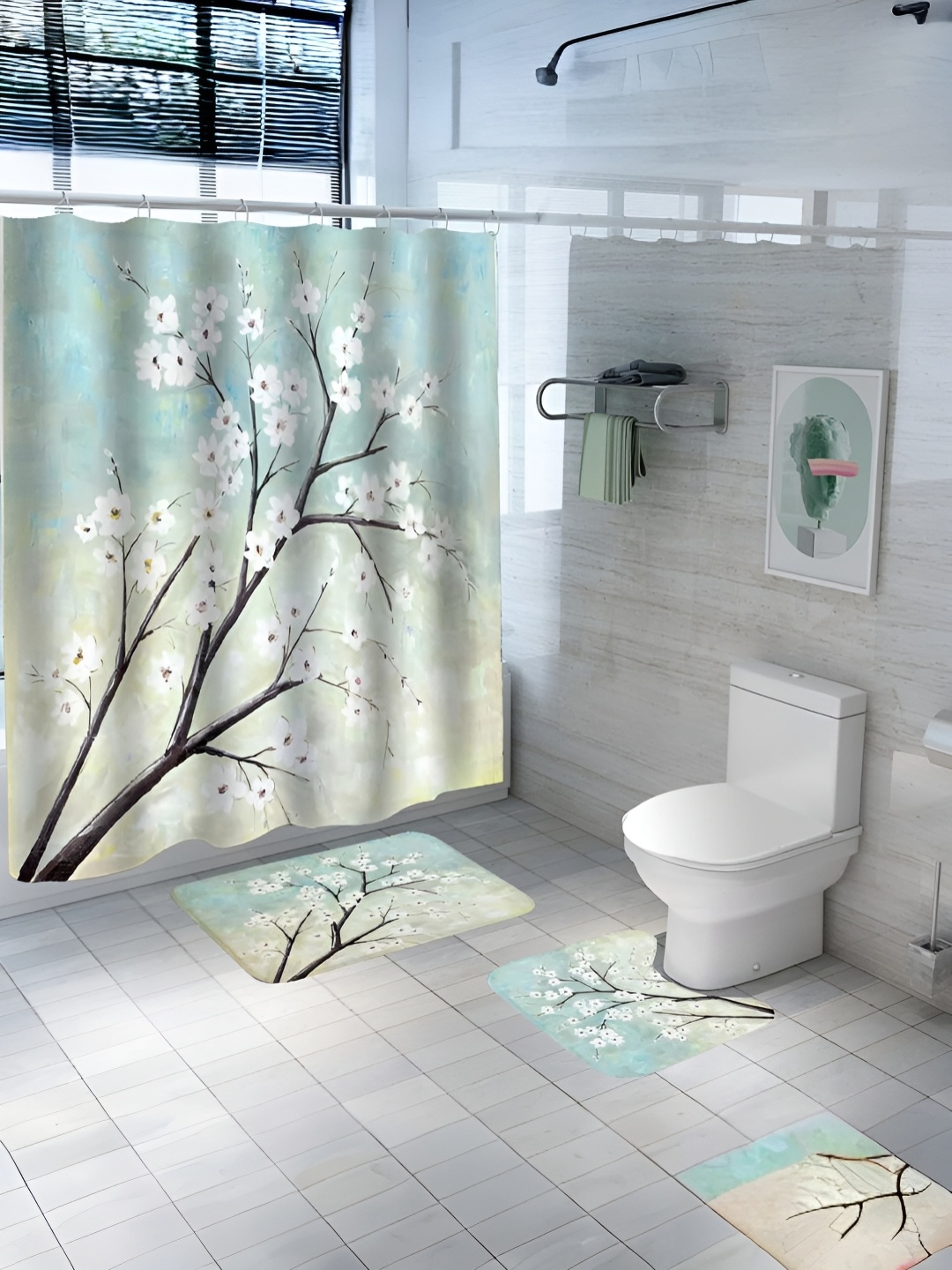 

UMAI Green & White 3 Pieces Printed Shower Curtain & Bathmat Set