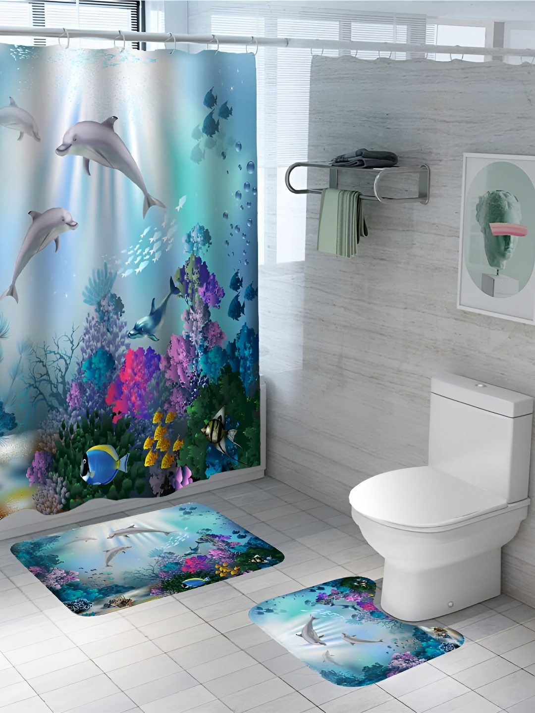 

UMAI Blue & Grey 3 Pieces Printed Shower Curtain & Bathmats