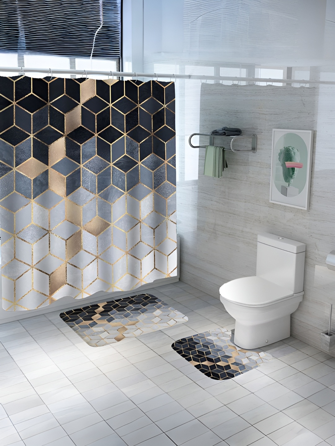 

UMAI Black & Grey 3 Pieces Printed Shower Curtain & Bathmats