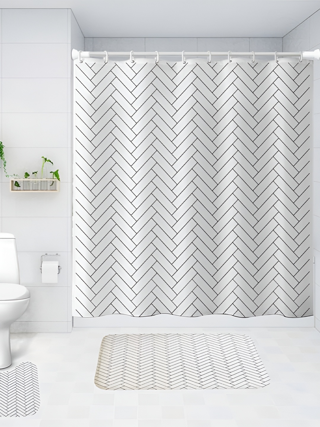 

UMAI White & Black 3 Pieces Printed Shower Curtain & Bathmats