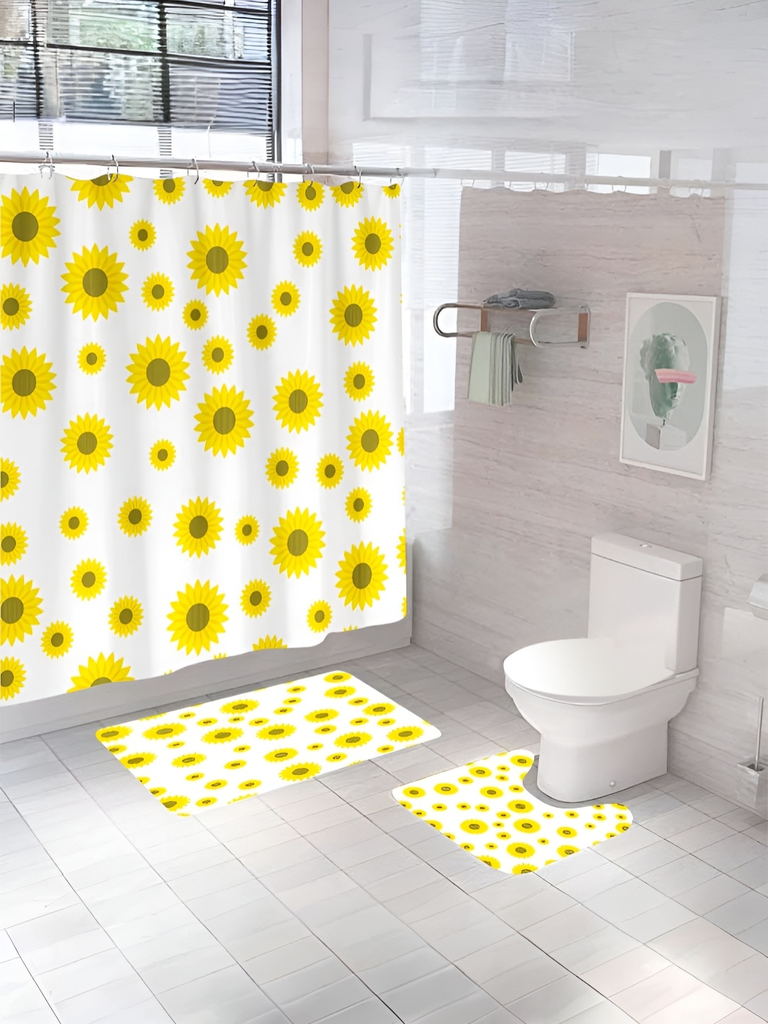 

UMAI White & Yellow 3 Pieces Printed Shower Curtain & Bathmats