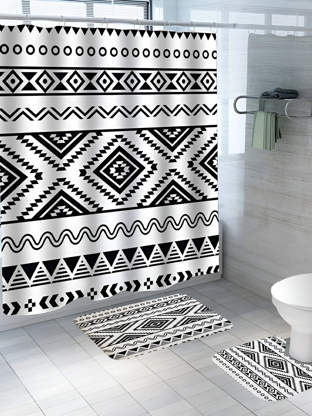

UMAI White & Black 3 Pieces Printed Shower Curtain & Bathmats