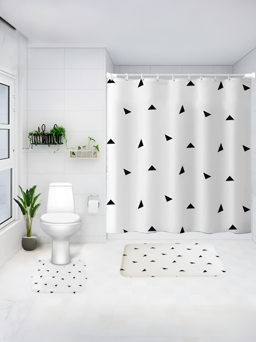 

UMAI White & Black 3 Pieces Printed Shower Curtain & Bathmats