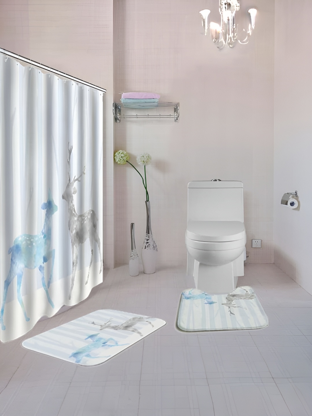 

UMAI Blue & White 3Pcs Printed Shower Curtain & Bathmat