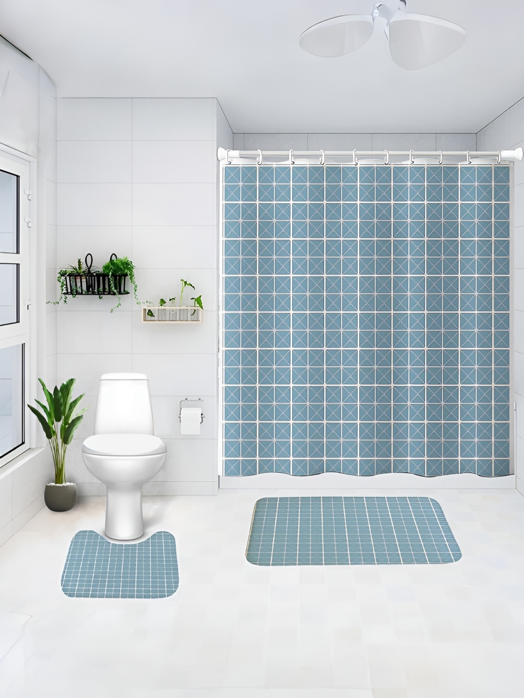 

UMAI Blue 3 Pieces Shower Curtains With Bath Mats