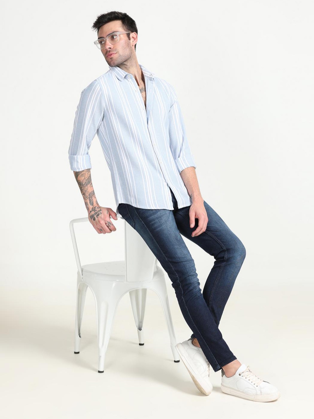 

FLY 69 Men Premium Slim Fit Opaque Striped Casual Shirt, Blue