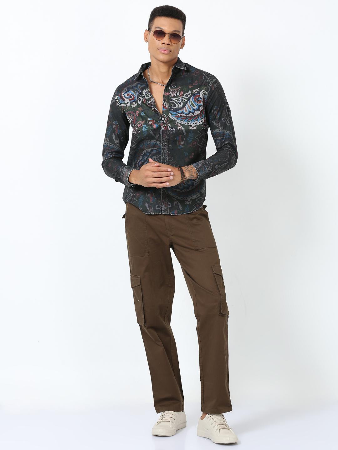 

FLY 69 Men Premium Slim Fit Opaque Printed Casual Shirt, Black