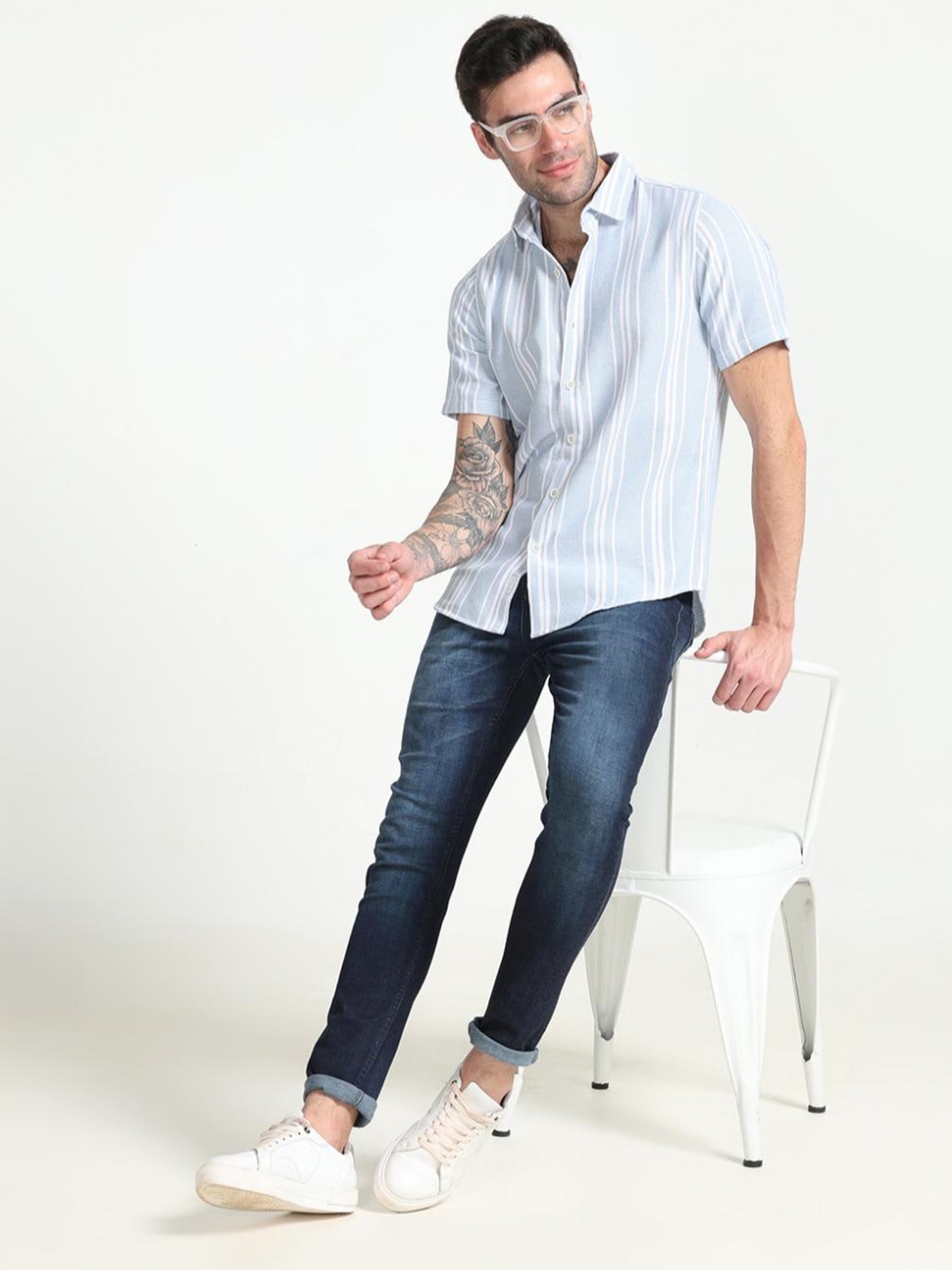 

FLY 69 Men Premium Slim Fit Opaque Striped Casual Shirt, Blue